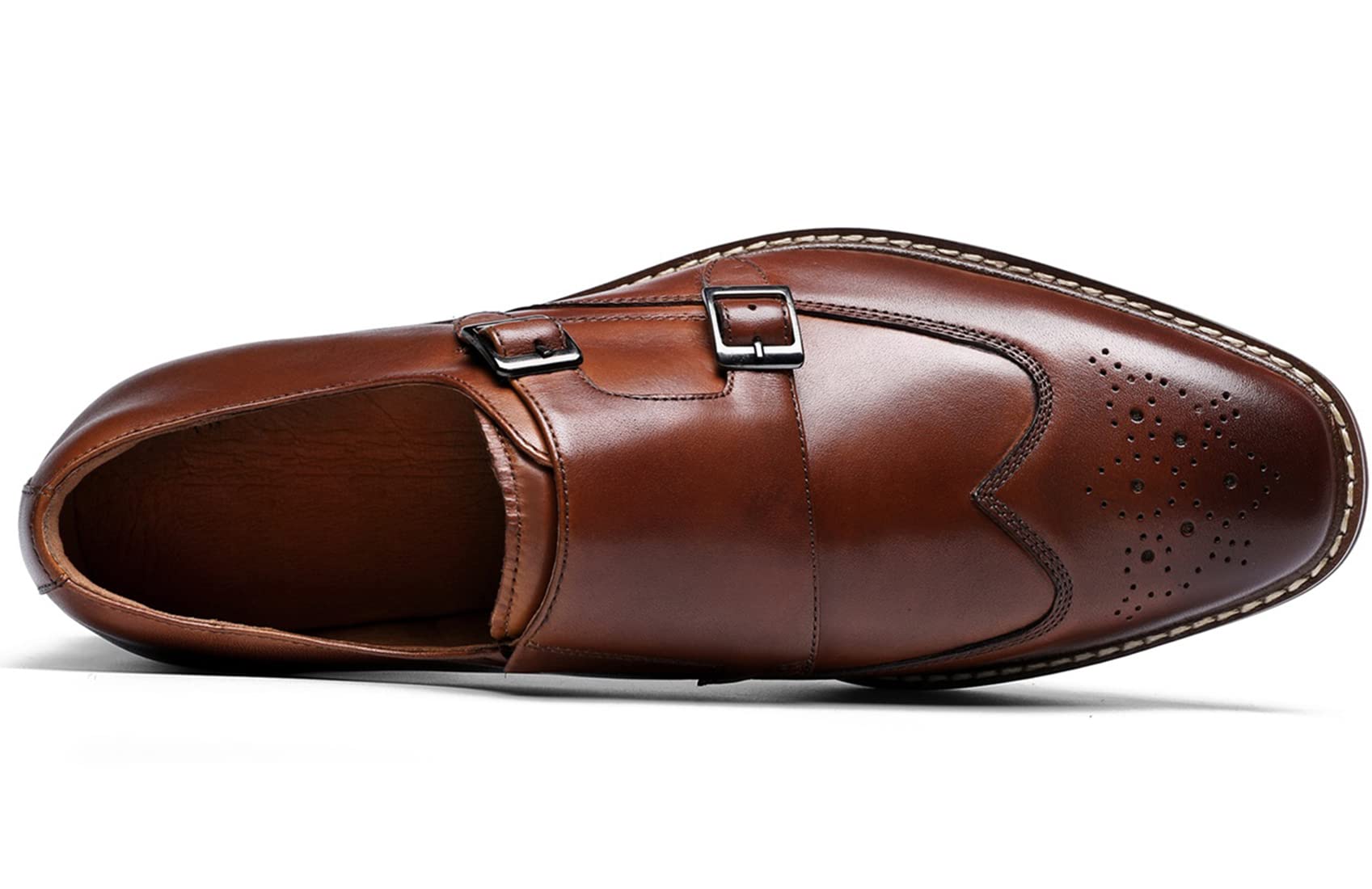 Santimon Homme Cuir Double Monk Chaussures à Boucle de Ville Wingtip Brogue Habillées Business Casual Derby Loafer Noir Marron