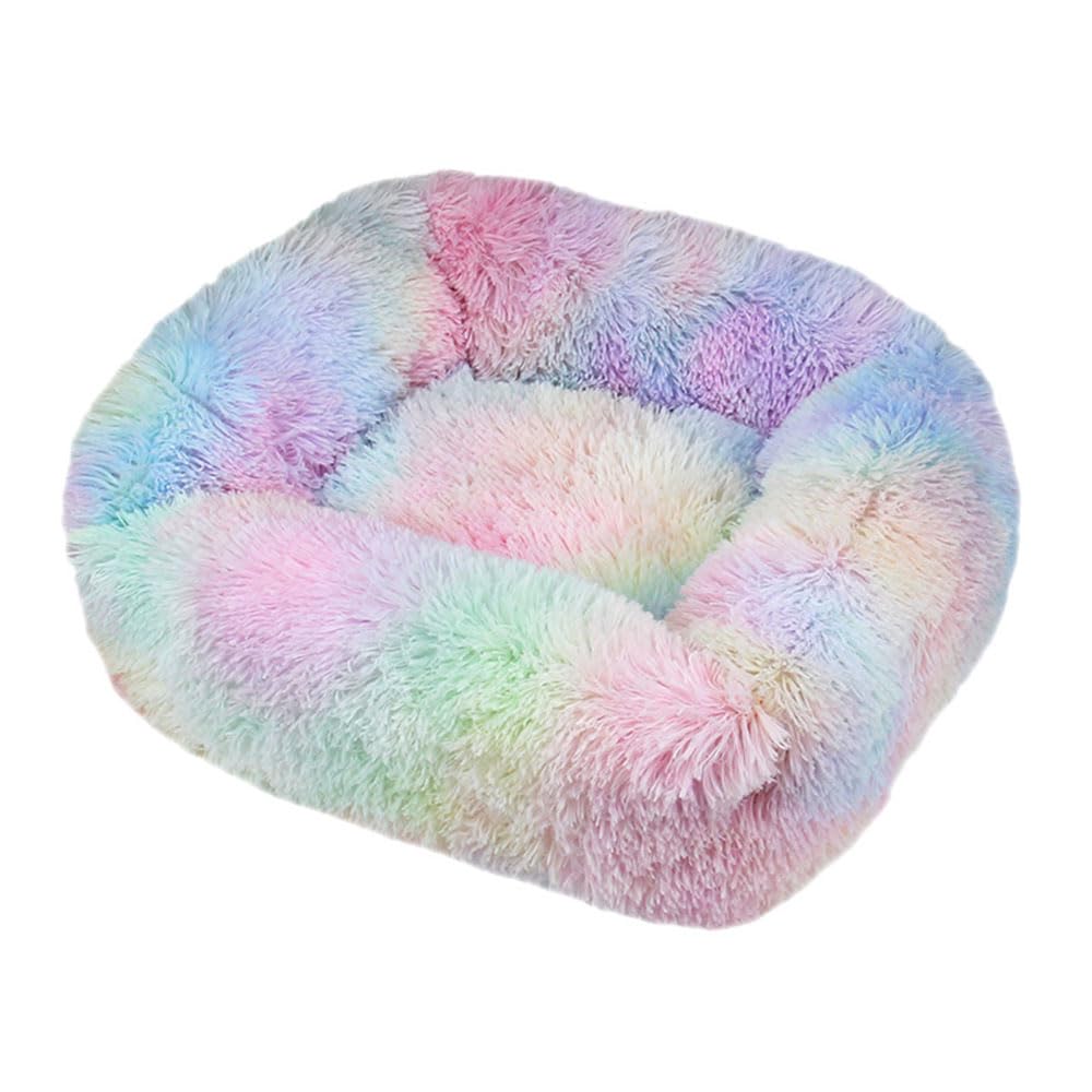 Hiseng Soft Fluffy Dog Bed, Simple Solid Color Self-Warming Cat Bed Washable Square Dog Beds Medium, Plush Anti-Slip Bottom Donut Cat Beds for Indoor Cats (M 66x55cm,Rainbow)