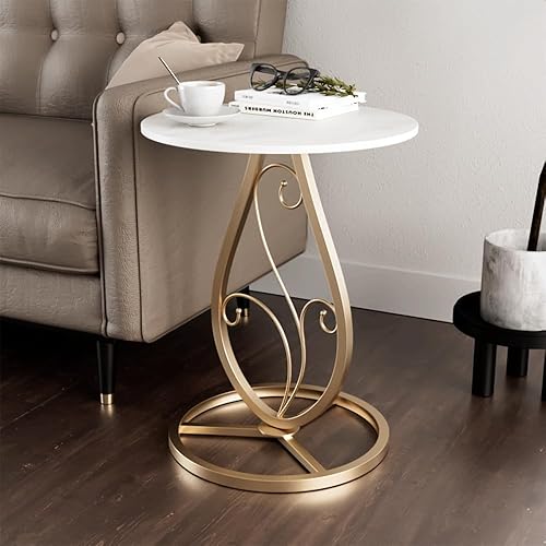 Miniatura 6 de Mesa auxiliar redonda bohemia para sala de estar, mesas auxiliares de escritorio de mármol natural con base floral de metal minimalista bohemio,