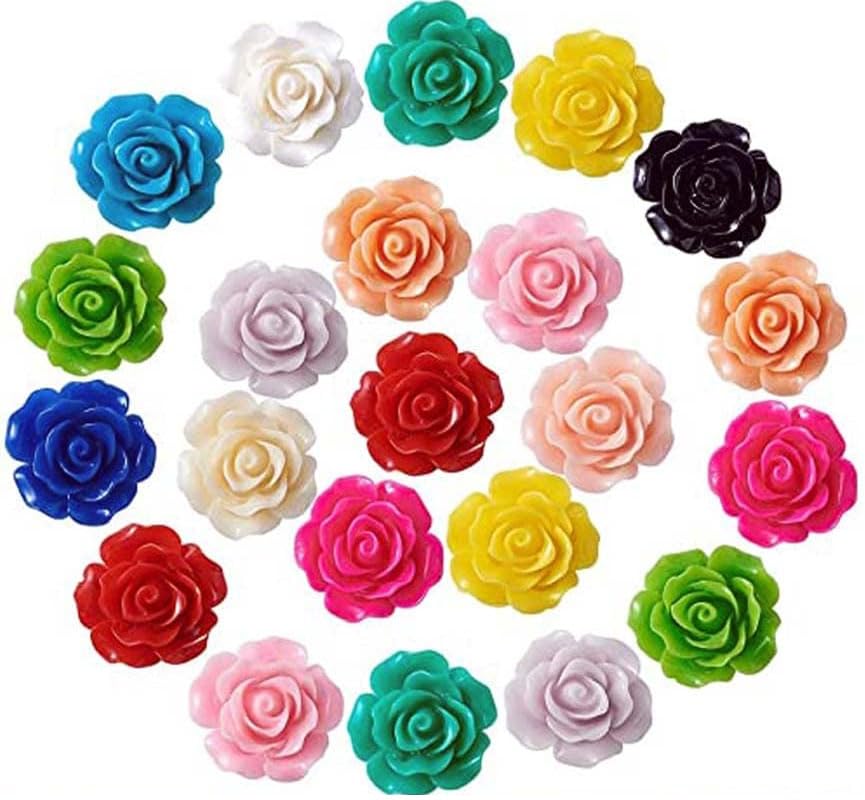DIY Crafts 25X, Random Color Sizes, As Image Resin Rose Flower Flat Back Cabochons Mixed Random Undrilled Opaque Random Mixed Colors for Sc (25X, Random Color Sizes)