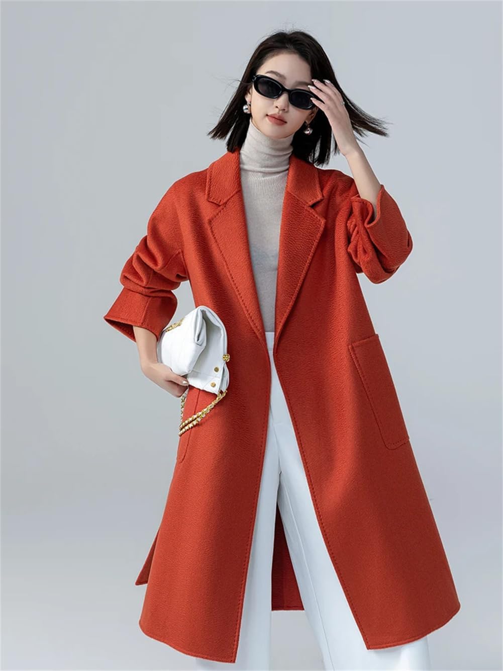 女性 100% ウールウォーターリップルロングオーバーコートノッチドラペル裏地なしコートオープンフロントベルト付きピーコート RUIRUE  BOUTIQUE（ルイルエブティック） コート アウター ウール100% ｜ バックリボンフィット＆フレアウールコート ｜ レディース アウター ...