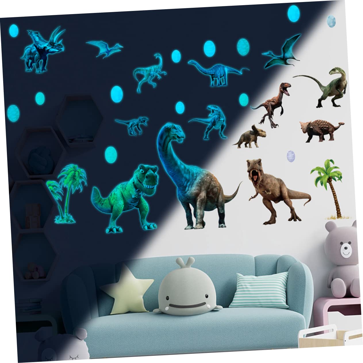 Toyvian 5 zestawów świecących naklejek ściennych z dinozaurami na abażur ramy, żółwia, planety, na stolik nocny dla małych dzieci, opuchnięte orzeł PCW