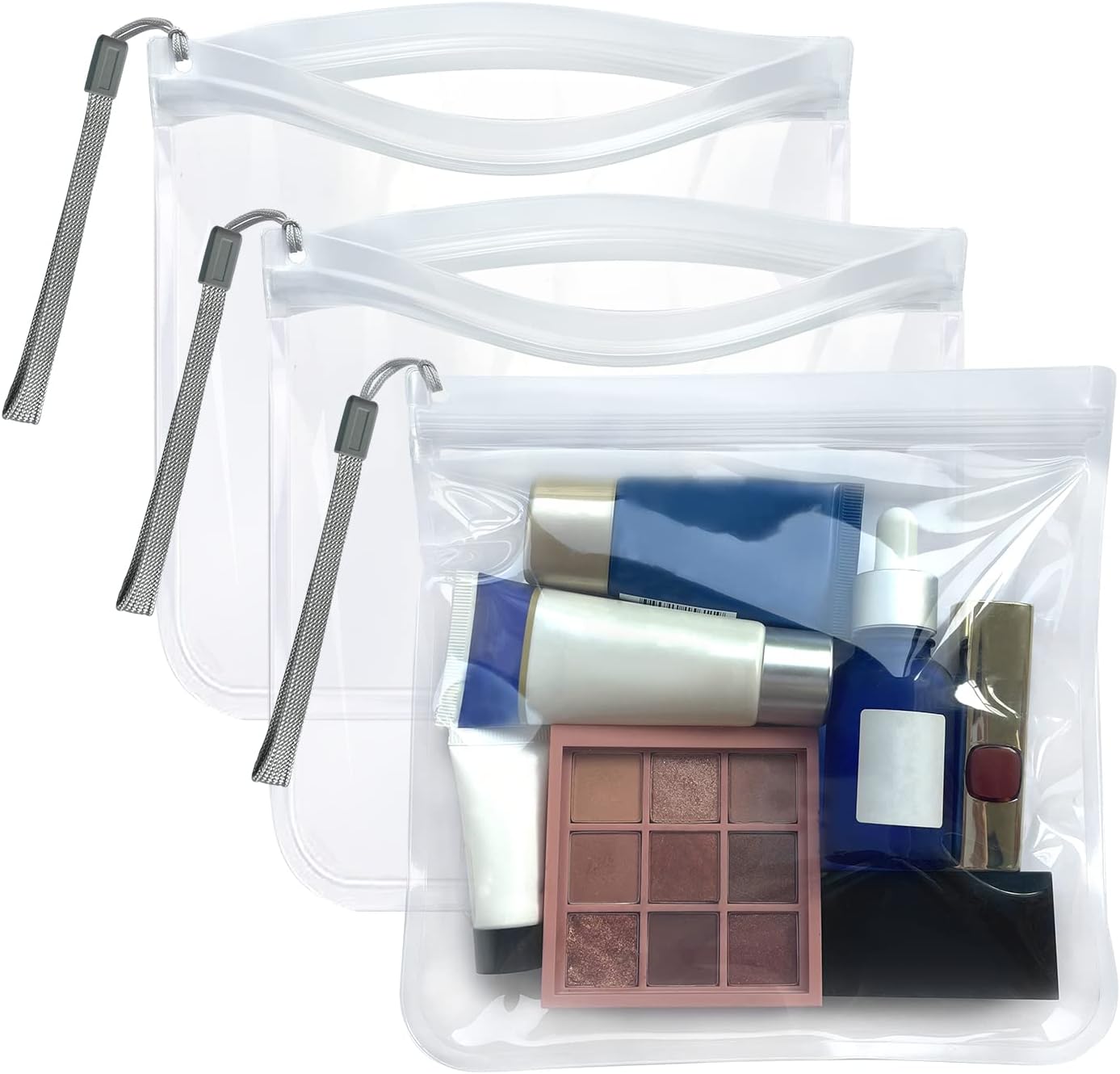 Exllena 3PCS Clear Travel Toiletry Bags, 20x20cm Airport Security Liquids Bags Meet The Criteria of Airport Security, 100% Leakproof for Liquids & Cosmetics, Transparent, Clear