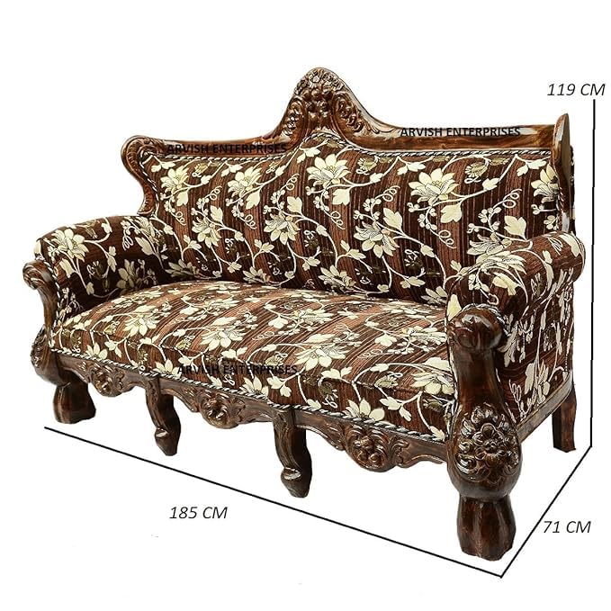 Image of Luxury Antique Sofa Set in a Classic Living Room Setting Solid Teak Wooden Five Seater Sofa Set with Cushion for Living Room | Honey Brown Finish | 208D x 76W x 119H cm (Design7)