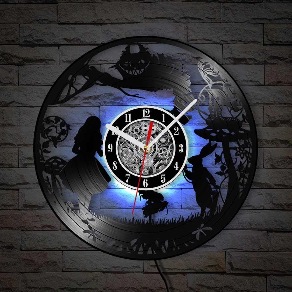 The Geeky Days Wonderland Cat Vinyl Record Wall Clock Dynamic Color - Changing LED Lights Fantasy Forest Laser Cut Longplay Wall Clock Themed Restaurant a Festival Gift for Relatives and Friends