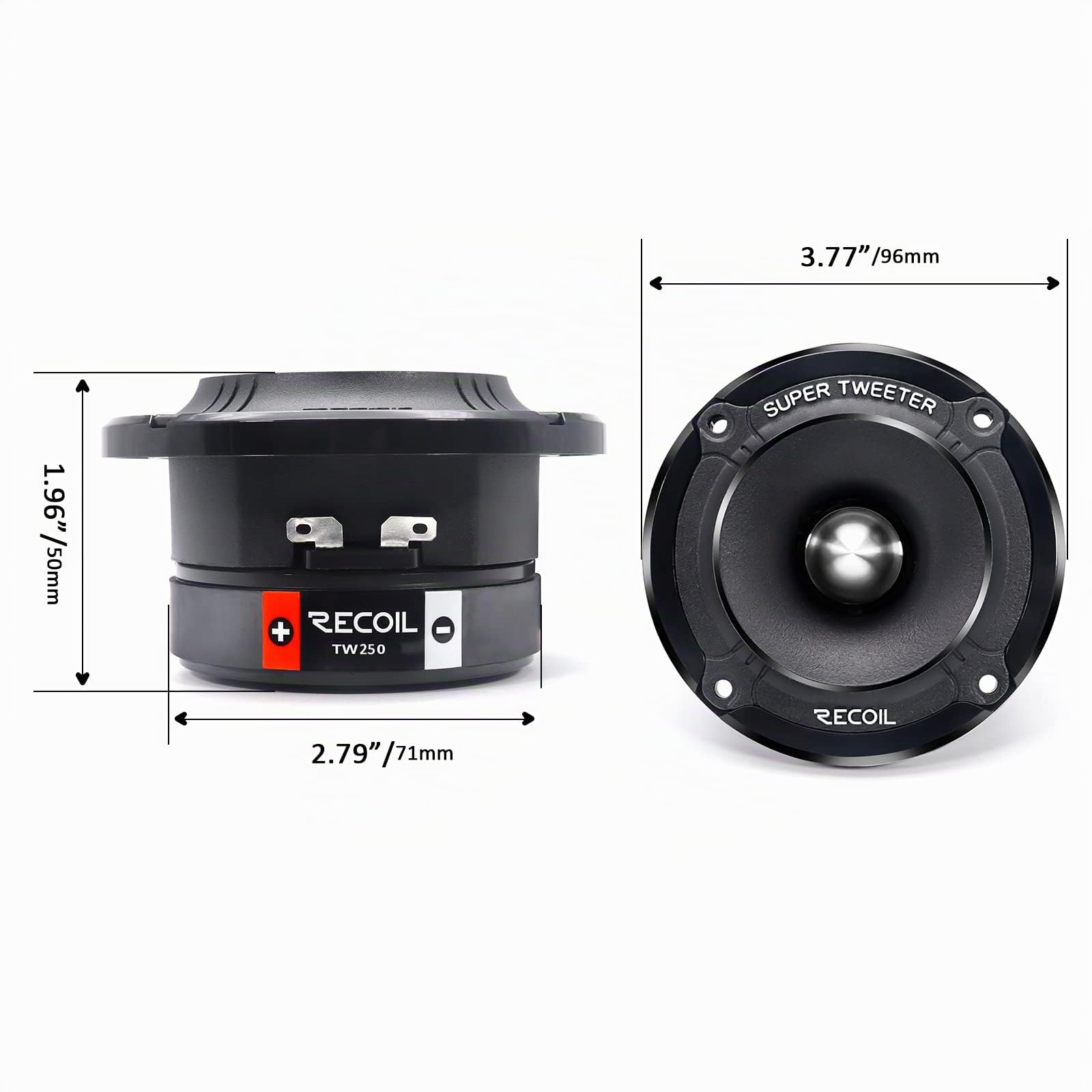 RECOIL TW250 - Super Tweeter de Voiture à Haute Compression 3.5" (96mm) - Bobine Mobile en Kapton de 1 Pouce, Cadre et Diaphragme en Aluminium - 400W Max / 200W RMS, 4 Ohms