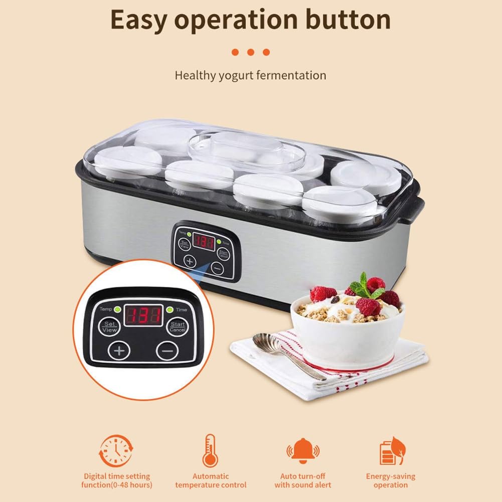 Yogurtera Automática con 8 Frascos de Vidrio. Yogurtera Eléctrica con Control de Temperatura y Tiempo Ajustables. Enchufe Europeo.