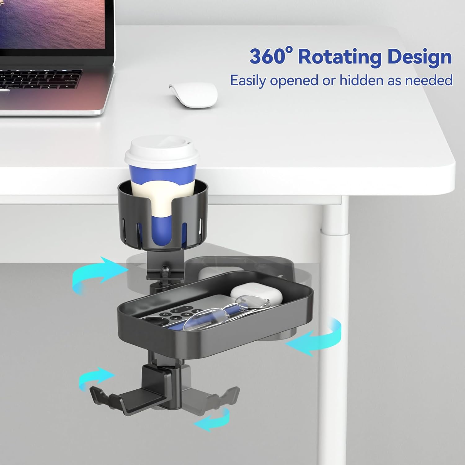 KDD Desk Cup Holder with 2 Headphone Hook - Rotating Pencil Holder & Detachable Drawer Tray - Clamp on Under Desk Headphone Holder Hidden Storage for Office School Home Accessories - Image 3