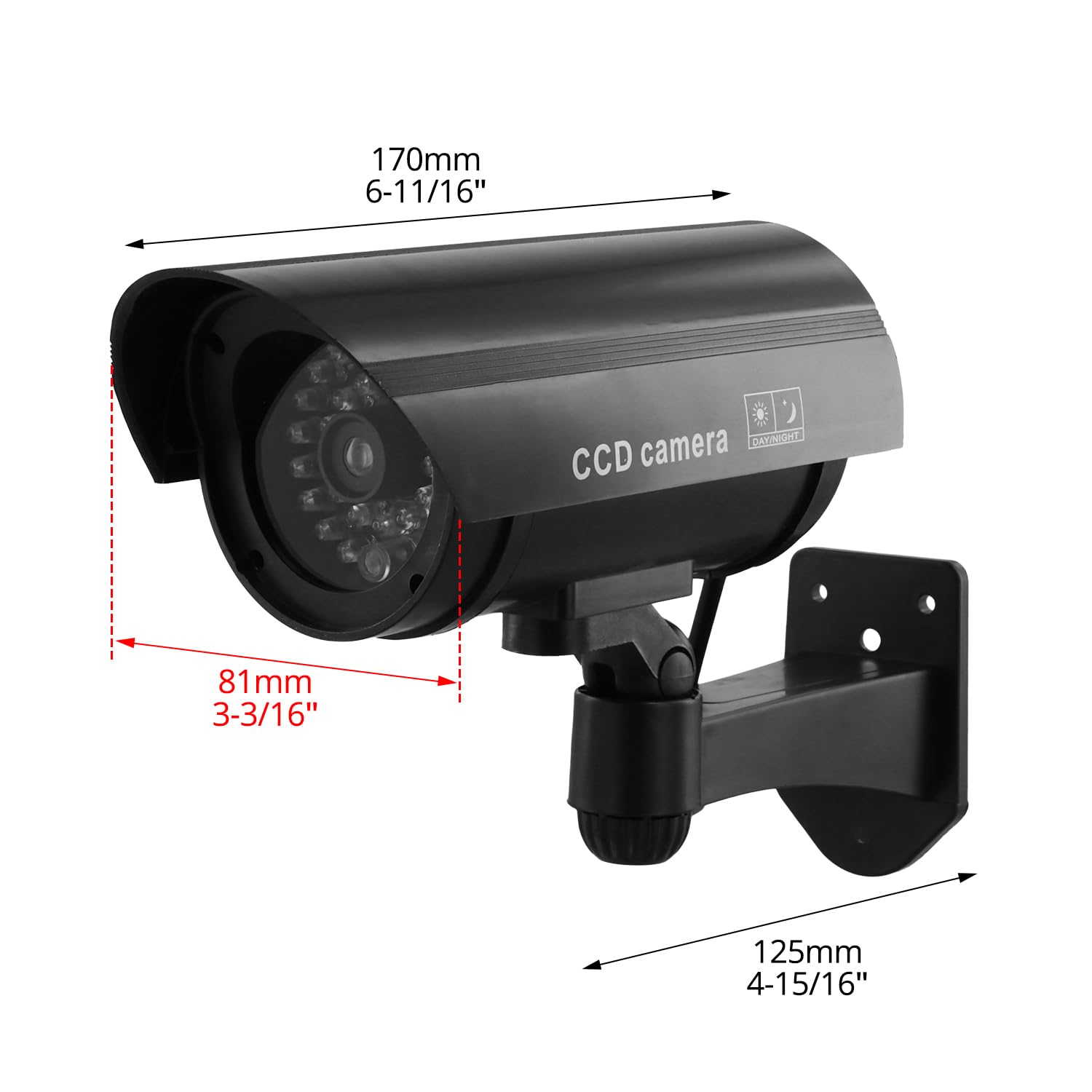 QWORK® 4 Stück schwarze Attrappen-Überwachungskameras mit rotem Blinklicht, wasserdichte Kugelform, für den Innen- und Außenbereich, inklusive CCTV-Schilder und Schrauben, keine Batterien im