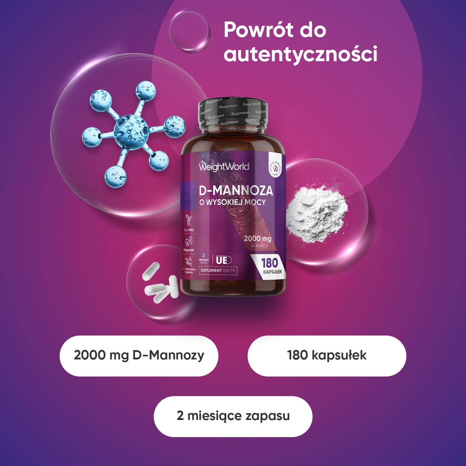 D-Mannoza 2000 mg – 180 kapsułek na 2 miesiące stosowania – suplement pochodzenia naturalnego – bez GMO i dodatków – odpowiedni dla wegan, bez stearynianu magnezu
