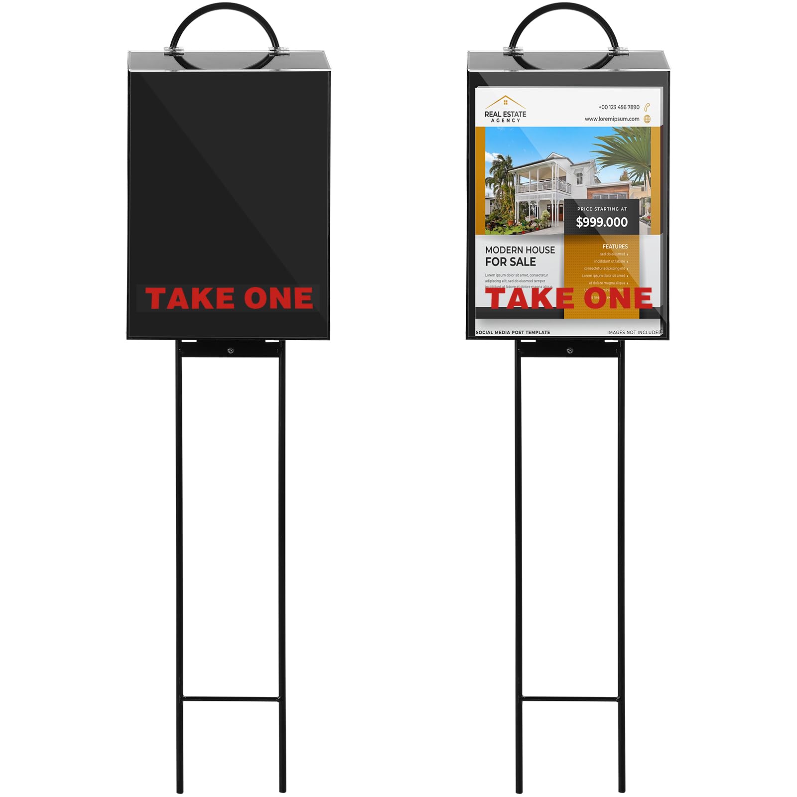 Kisston 2 Pack Outdoor Real Estate Brochure Box, Attached Yard Stake, Flyer Literature Marketing Stand, Acrylic Brochure Holder, Real Estate Marketing Supplies for 8.5 x 11 Documents, Black