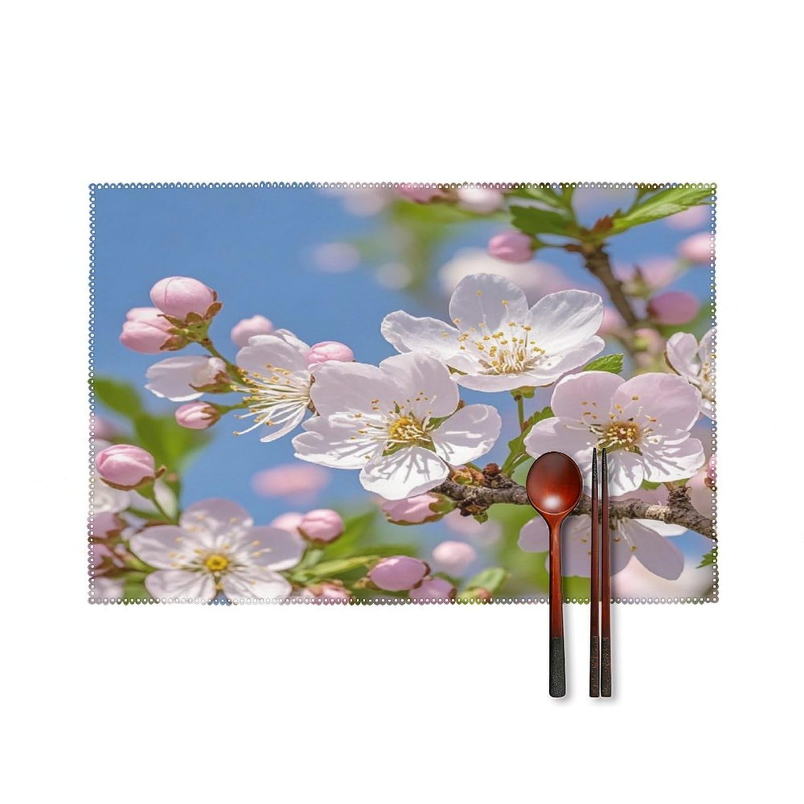 Japanese Cherry Blossom Placemats Set of 6 Heat Resistant Non-Slip Place Mats Washable Wipeable Table Mats Elegant Farmhouse Placemat for Kitchen Dining Outdoor Party Table Decor