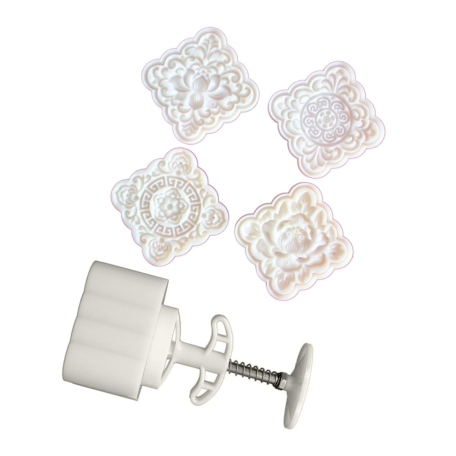 NVOQILIN Chinese 3D Floral Square Shape Baking Molds with 4 Stamps Hand Press Dessert Tool for Cake Cookie and Pastries Dessert Molds