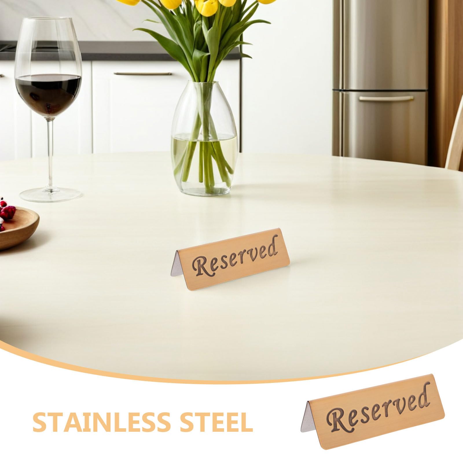 OUNONA 2 letreros de mesa reservada: Letreros de acero inoxidable para reservar asientos, tarjetas de mesa de doble cara para bodas y restaurantes.