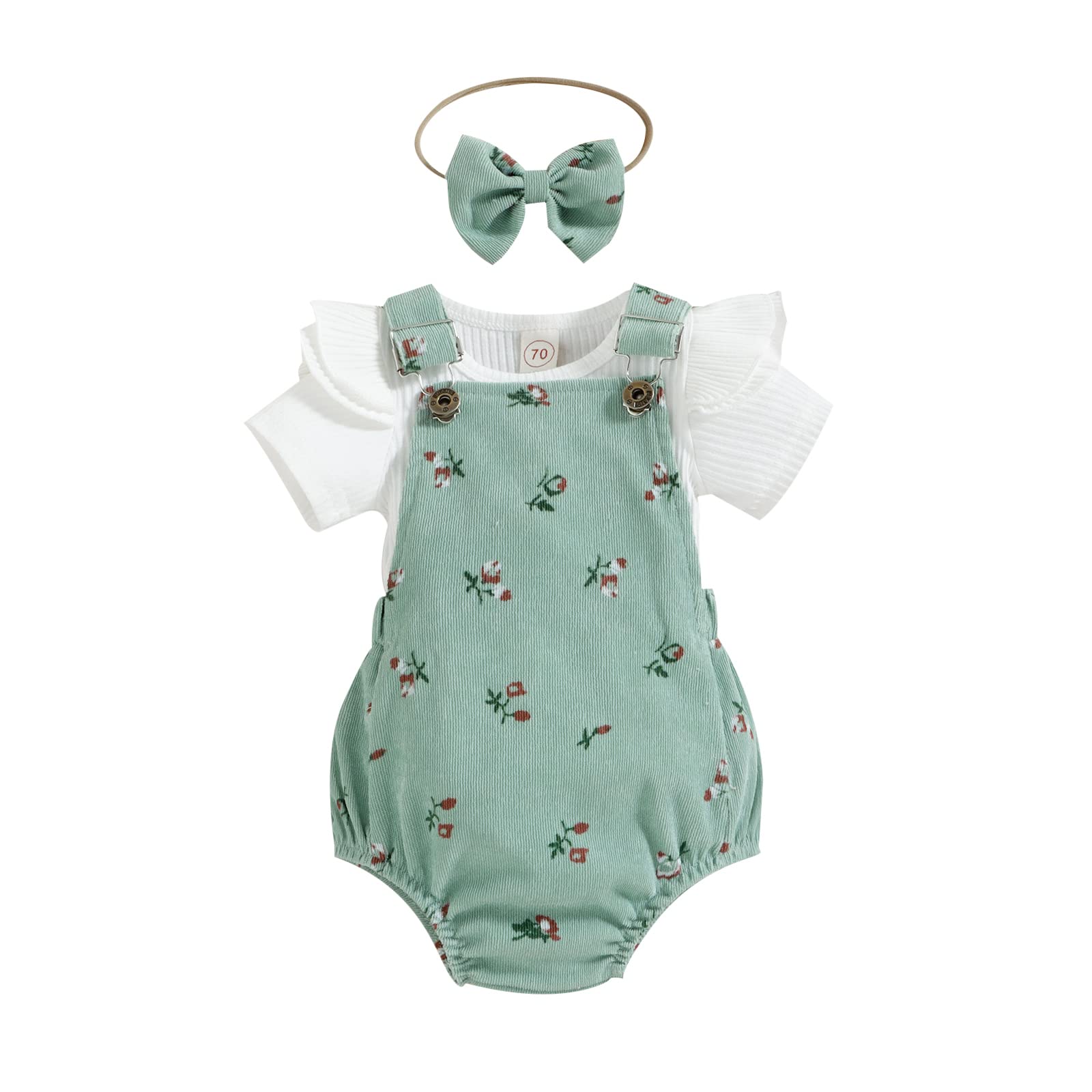 BULINGNA Infant Baby Girl Summer Clothes Ruffle Short Sleeve Ribbed T-Shirt Floral Suspender Overalls Bodysuit with Headband (Green, 0-6 Months)