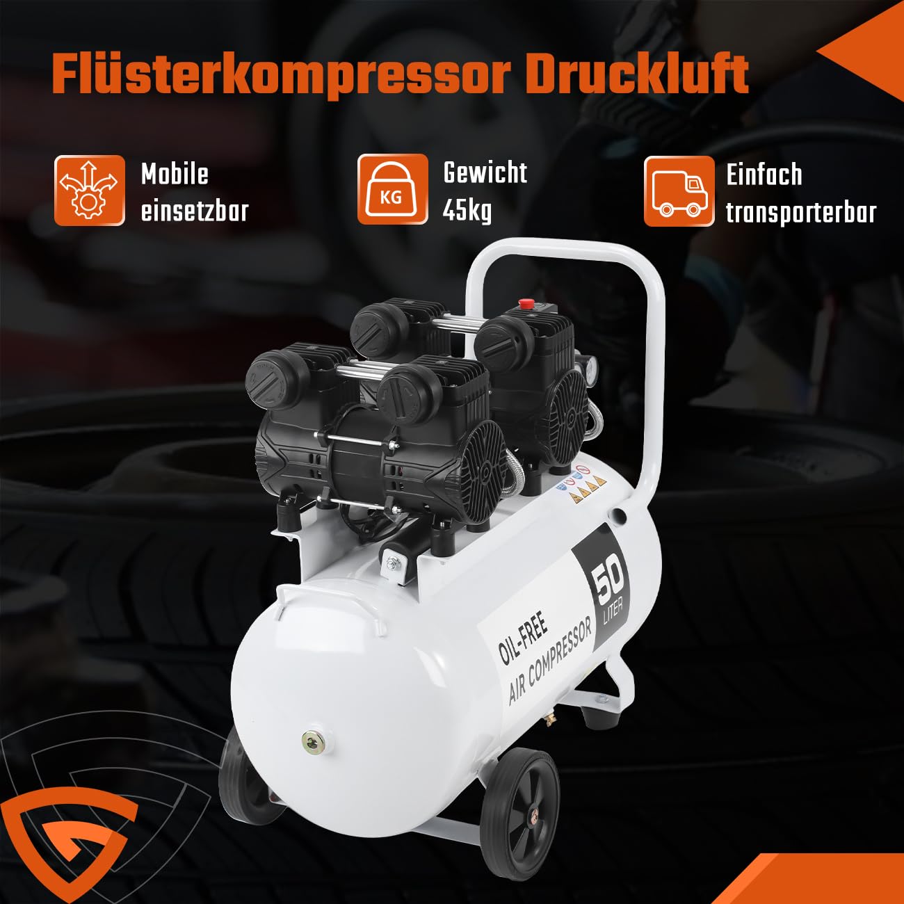 50L Flüsterkompressor Kompressor Luftkompressor 2800RPM 230 Volt 10 Bar 2,2KW 50Liter 69 dB 340 l/min Silent Druckluftkompressor inklusive Druckminderer und Wasserabscheider