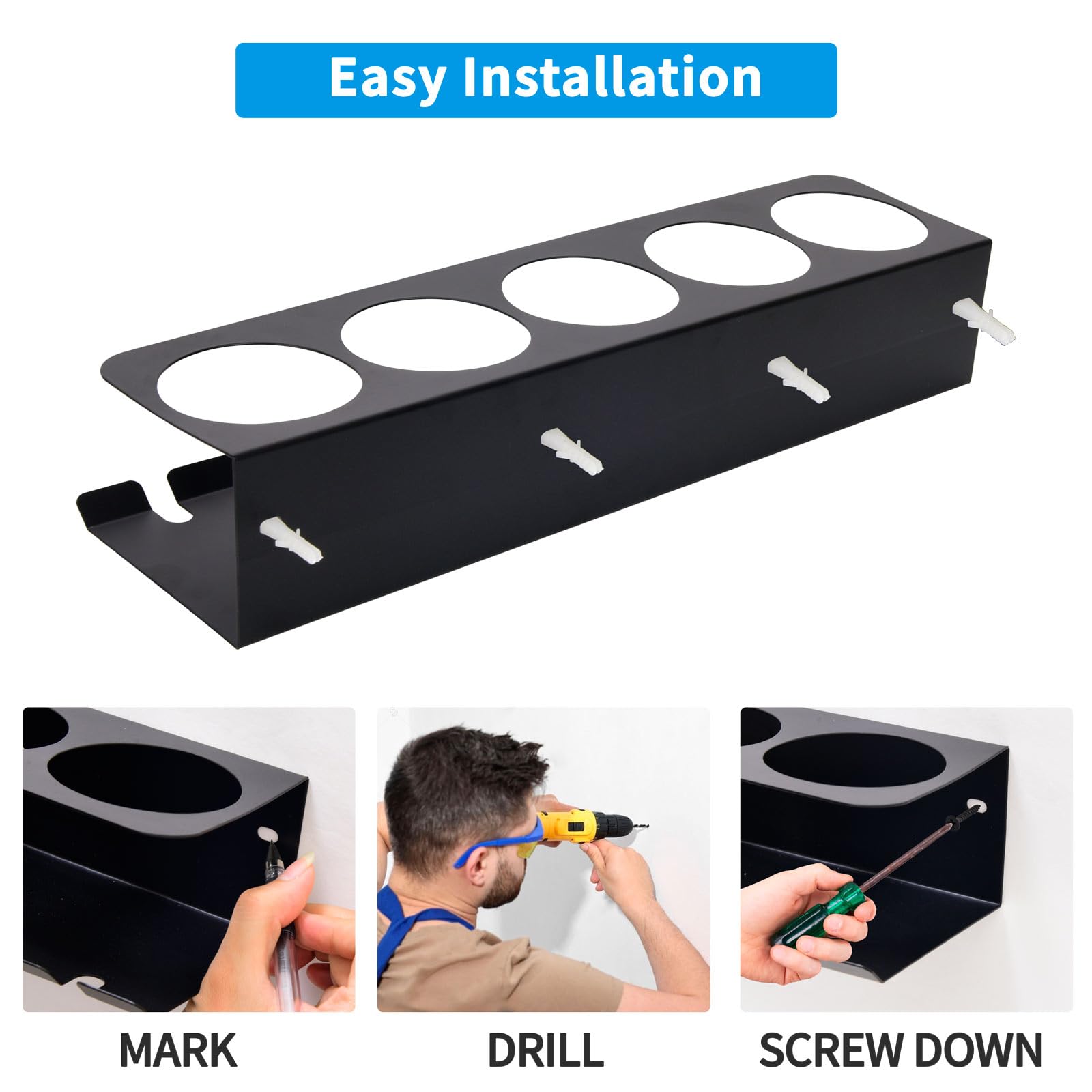 2 soportes para botellas de spray de pared, organizador de latas de aerosol con 5 agujeros y 6 ranuras, organizador de herramientas eléctricas con diseño de ahorro de espacio, estante de