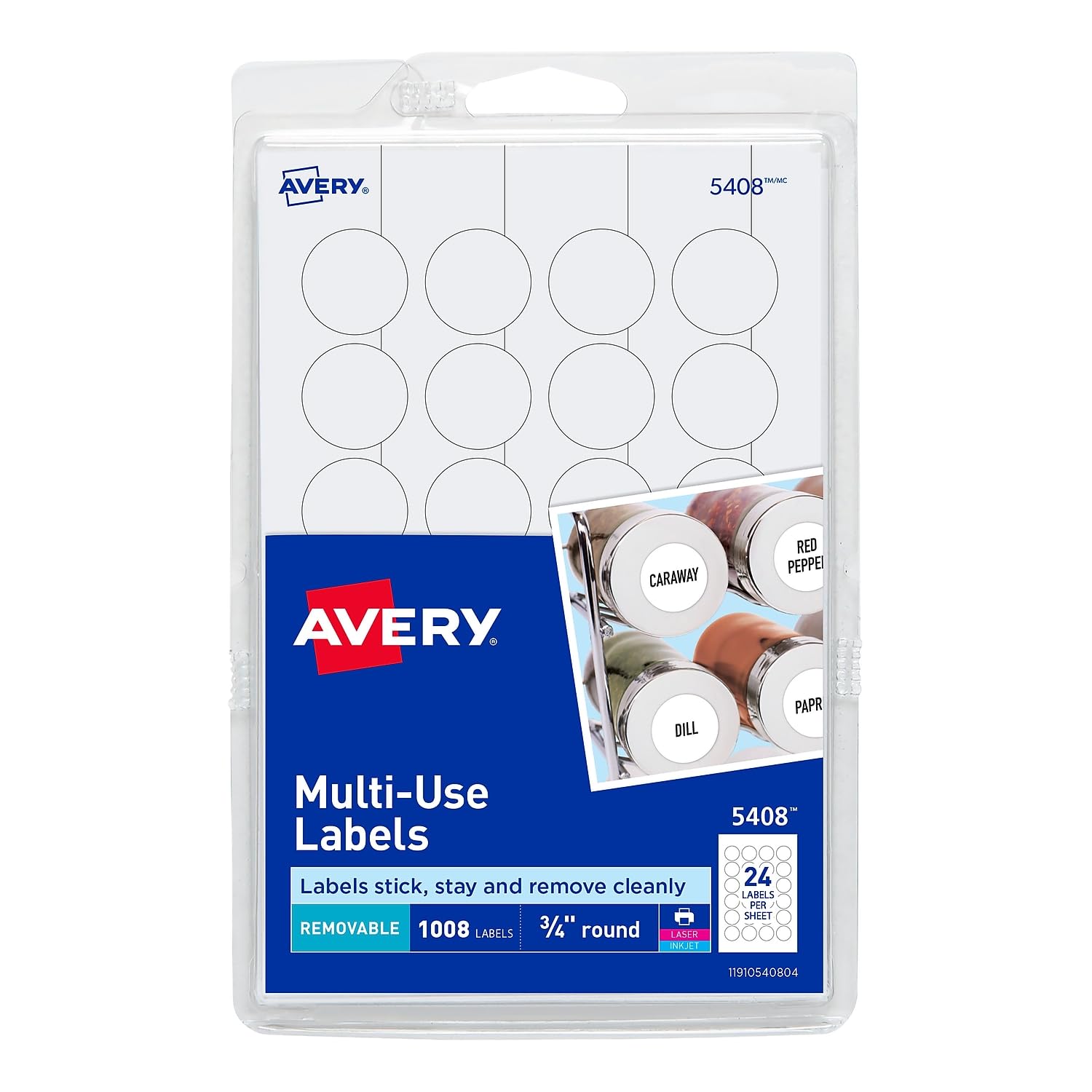 Avery Entfernbare Druck- oder Schreibetiketten für Laser- und Tintenstrahldrucker, 1,9 cm, rund, 18 Packungen (5408)