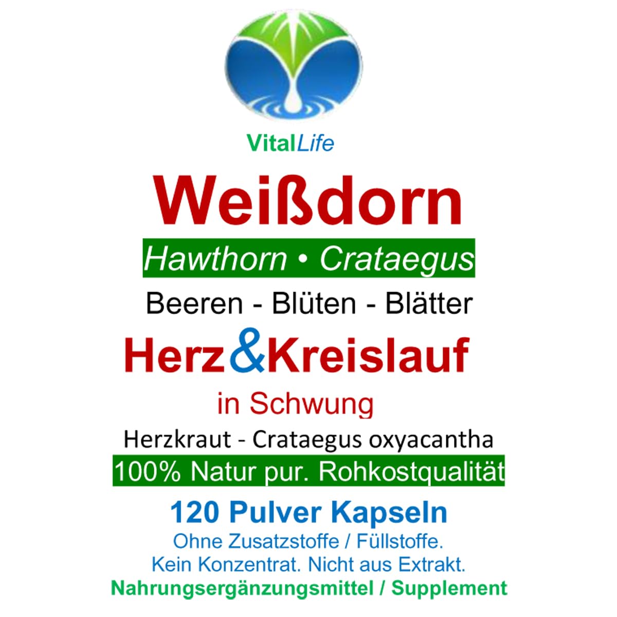 WEISSDORN Weißdorn HERZ-KREISLAUF 240 Kapseln 2x120 "HERZKRAUT" NATUR pur Weißdornbeeren & Weißdornblätter & Weißdornblüten. OHNE ZUSATZSTOFFE. 27100-2