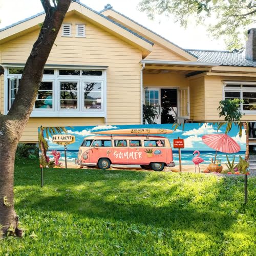 Image of 78.7 x 17.7 Inch Summer Banner Pink Retro Camper Van Beach Ocean Surfboard Flamingo Yard Decorations Seasonal Outdoor Decor Fence Sign