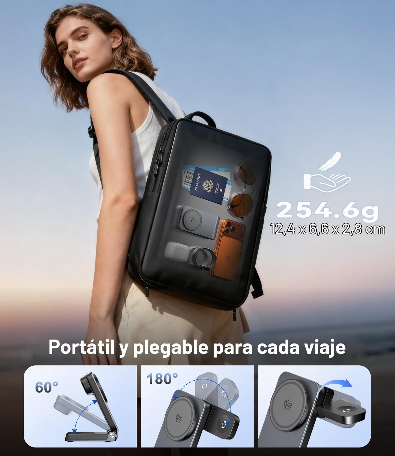 Cargador Inalámbrico Rápida 3 en 1 Qi2.2, 25W Cargador Magnético Compatible con MagSafe, Wireless Charger Soporte Base de Carga Plegable para iPhone 17, Apple Watch, AirPods