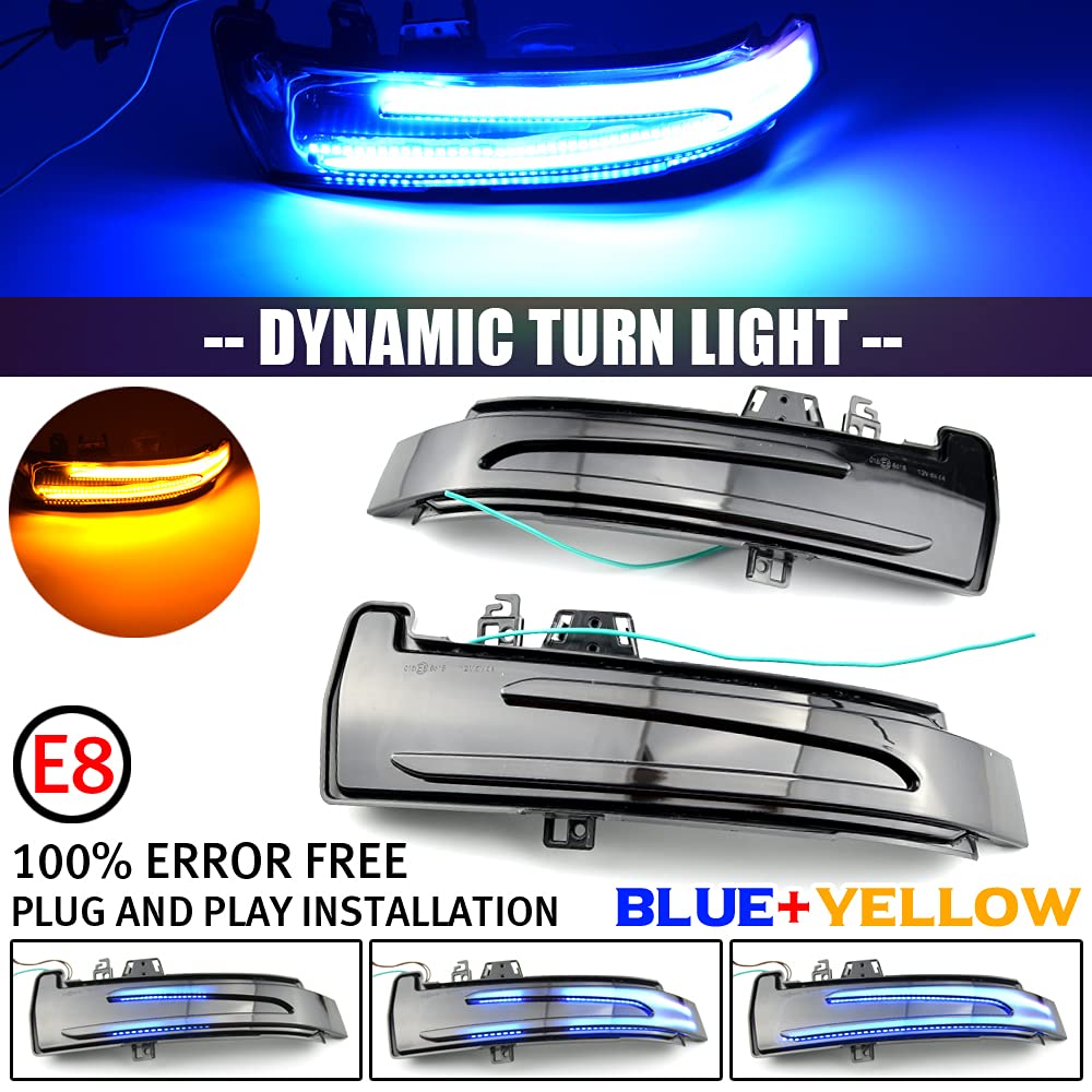 2pz Lampeggiatori Sequenziali Dinamici Compatibili con Be-nz W204 CLA A B C E S GLA GLK CLS Classe W176 W212 LED Specchietto Laterale Luce Indicatore di Direzione Assemblaggio-Blu+Giallo