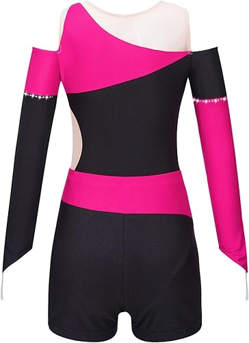 Miniatura 2 de JEATHA Conjunto de 2 piezas de leotardo de gimnasia de manga larga con hombros descubiertos y pantalones cortos atléticos