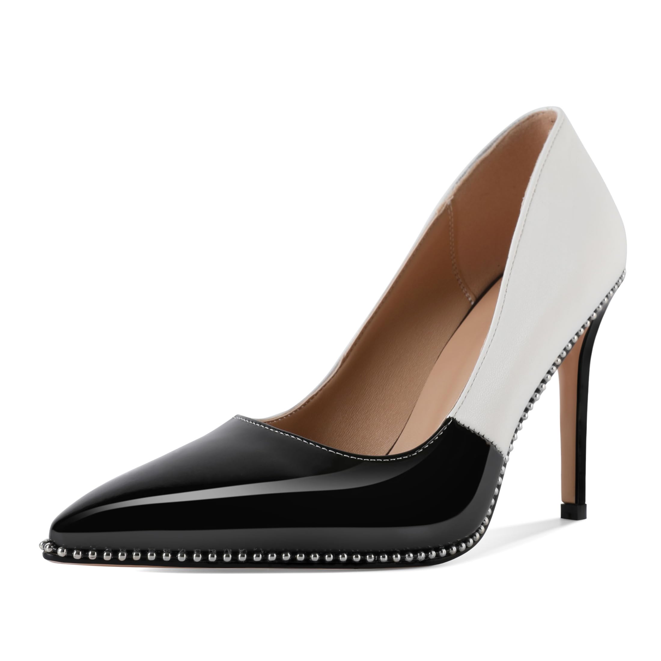 SAMMITOP Women Beaded Pumps Closed Pointed Toe High Heel Slip On Stilettos 3.5 Inch Sexy Heeled Dress Shoes Patent Leather