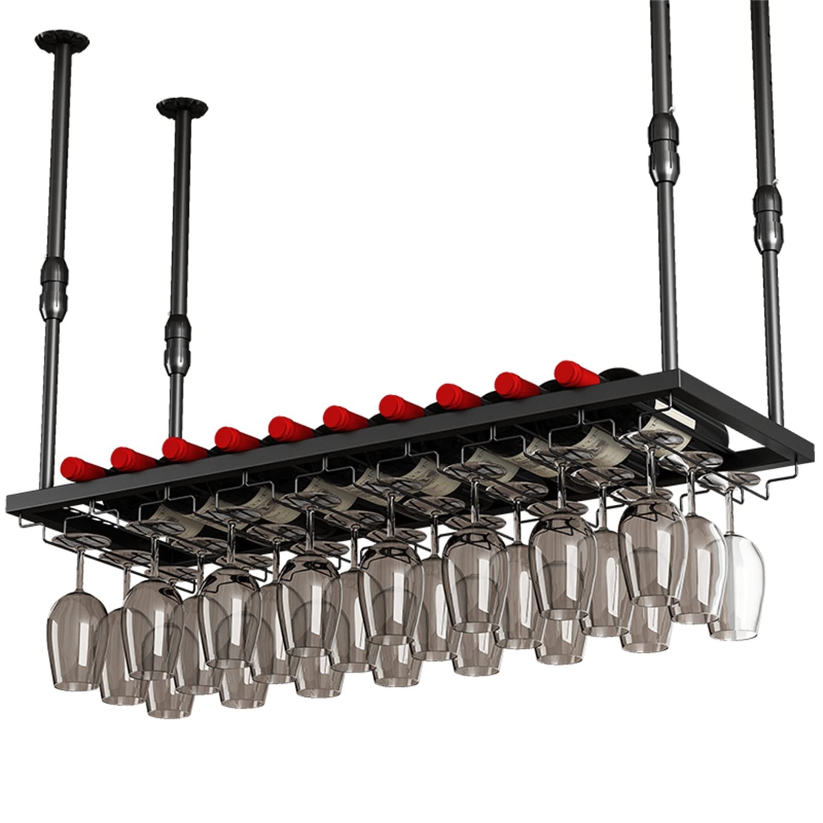 Meiiron Industrial Vintage Iron Shelf, Metal Ceiling Wine Rack and Wine Glass Holder, Adjustable Hanging Wine Bottle Holder, Matte Black (Size : 60cm(23.6in))