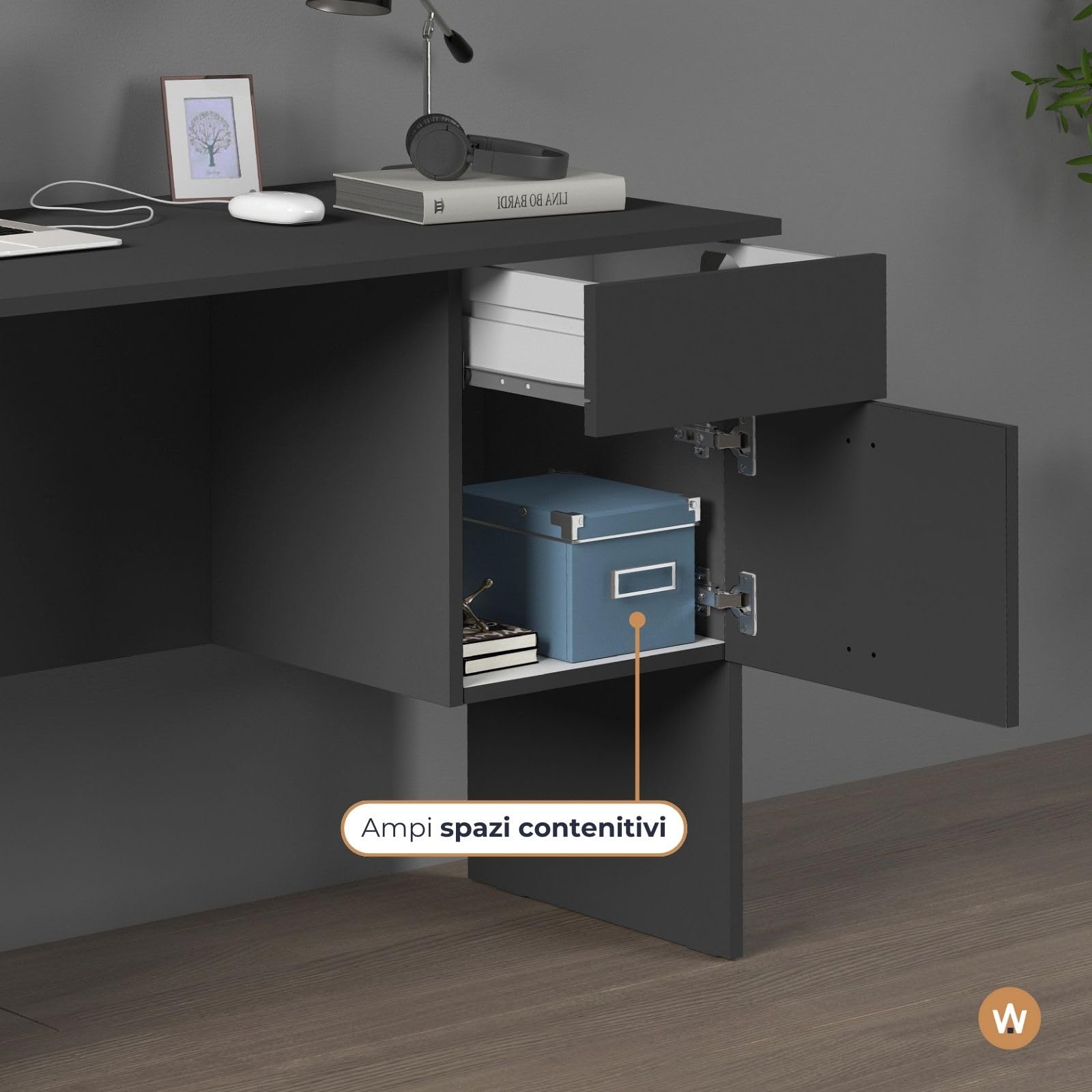 WHOUS Scrivania EASY per Ufficio, Studio o Camera con 1 Cassetto e 1 Anta, Ideale per Adulti e Bambini, 110x50x75 cm, Antracite Opaco