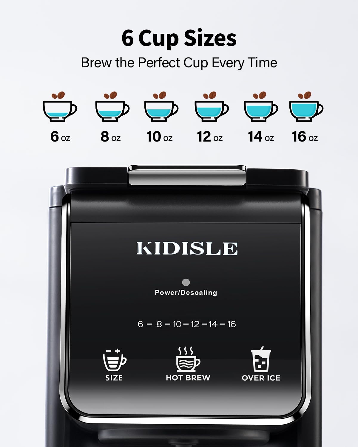 KIDISLE Hot & Iced Single Serve Coffee Maker for K Cup & Grounds, 6–16oz Brew Sizes, 40oz Water Tank, Reusable Pod Filter, Easy-to-Use for Home, Office, Dorm, Black — view 5