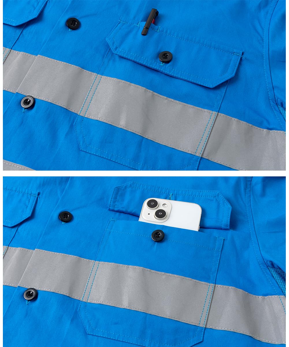 Chemise de Travail à Boutons pour Homme Bande Réfléchissante Polo Haute Visibilité à Manches Longues Vêtements de Travail Bouton T-Shirt avec Poches