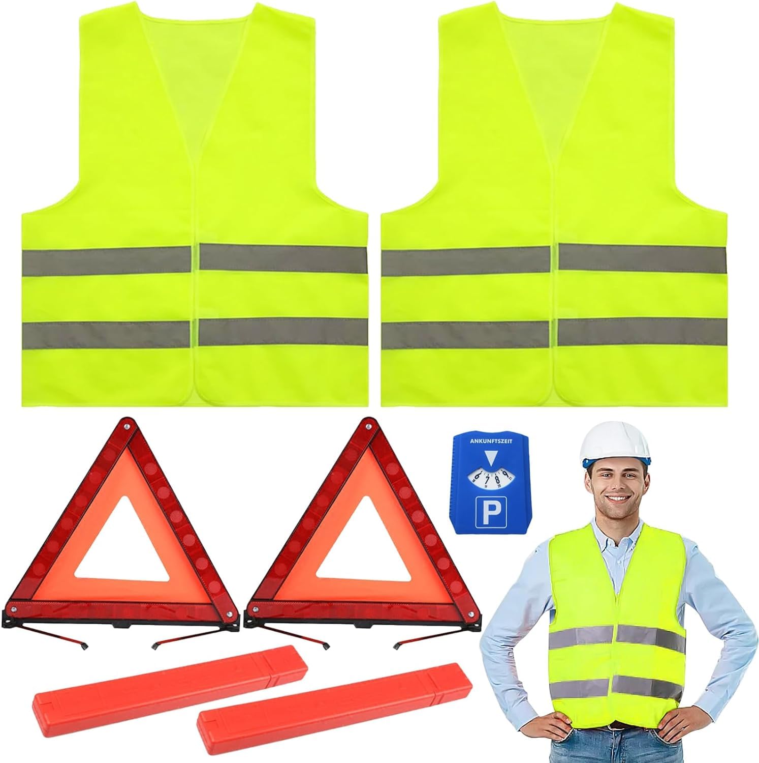 2 Pièces Triangle de Signalisation, 2 Pièces Gilet Jaune et Un Disque Bleu de Stationnement, Triangle et Gilet Jaune pour Voiture Kit de Sécurité Routière