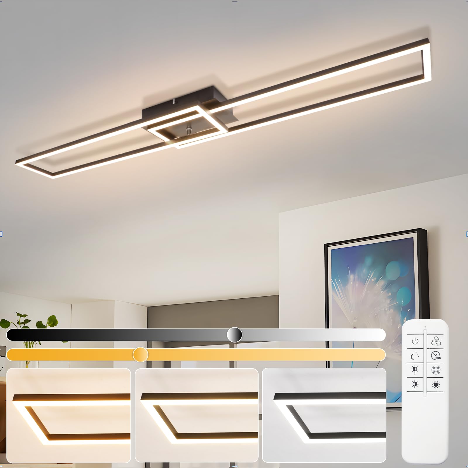 Homefire Deckenlampe Wohnzimmer LED Deckenleuchte: 36W Modern Küchenlampe | Stufenloses Dimmbar 3000K - 6500K Schwarz Wohnzimmerlampe mit Fernbedienung Deckenbeleuchtung für Küche Schlafzimmer