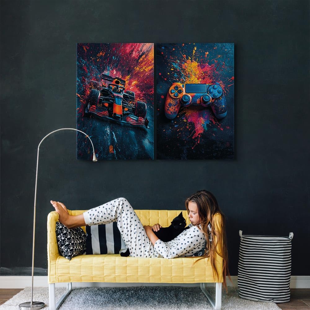 murando - Leinwandbild Set Rennwagen Spielcontroller, 120x90 cm, 2-teilig | Hochwertige Leinwand, sofort aufhängbar, ideal fürs Kinderzimmer, wasserfest und lichtecht, langlebig, stilvoll, zeitlos