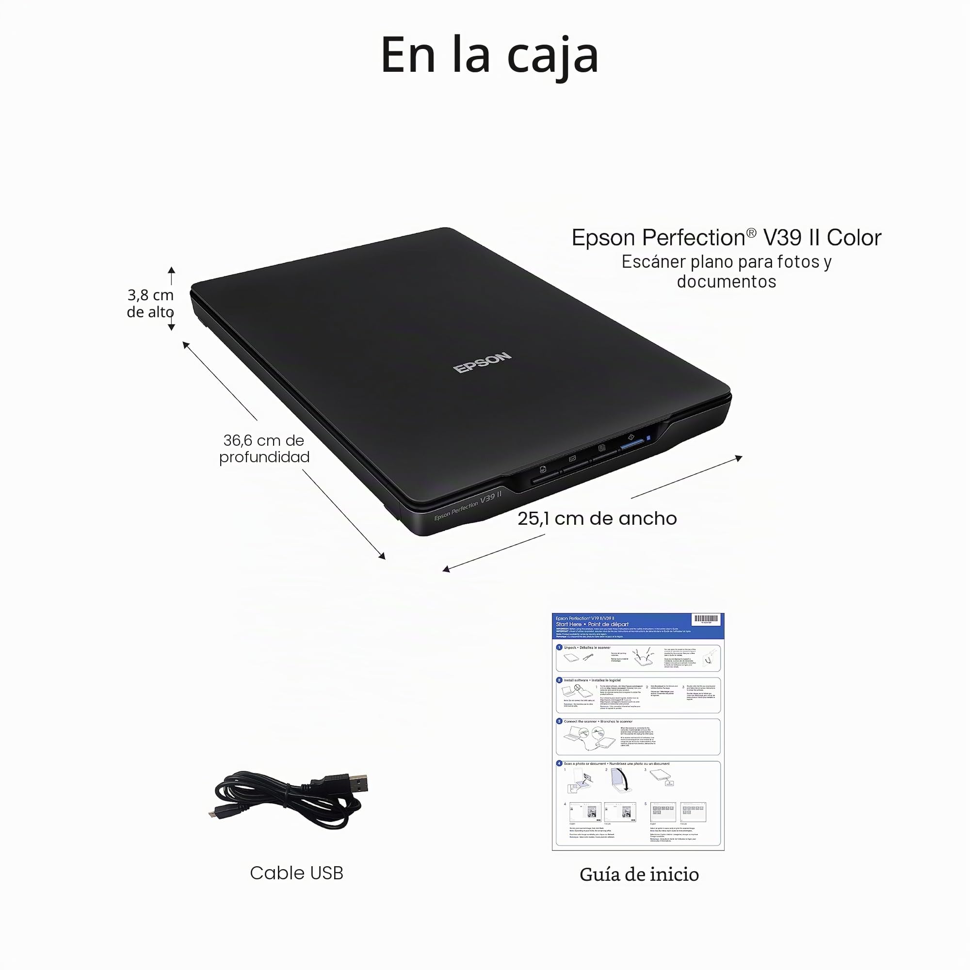 Epson Perfection V39 II - Escáner Plano de Fotos y Documentos a Color con resolución óptica de 4800 PPP, escaneo a la Nube, alimentación USB y Tapa extraíble de Gran Altura