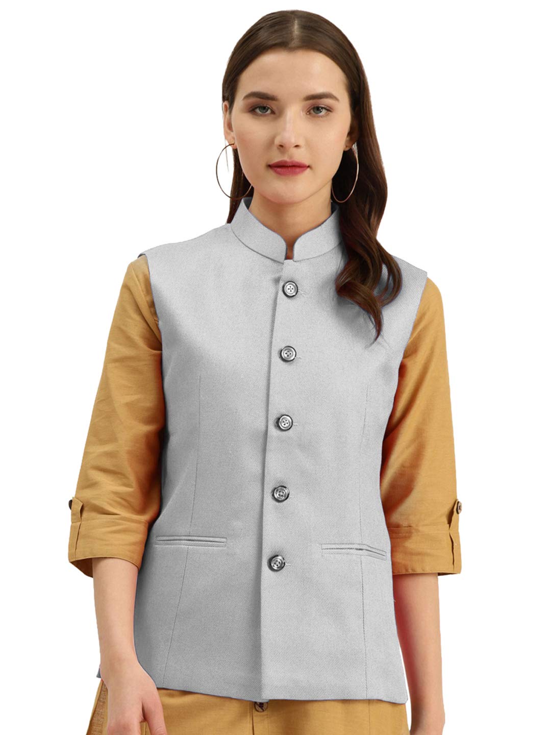 vastraa fusion Women's Solid Nehru Jacket (TS1403D-44_Light Grey_XXL)-picture-18