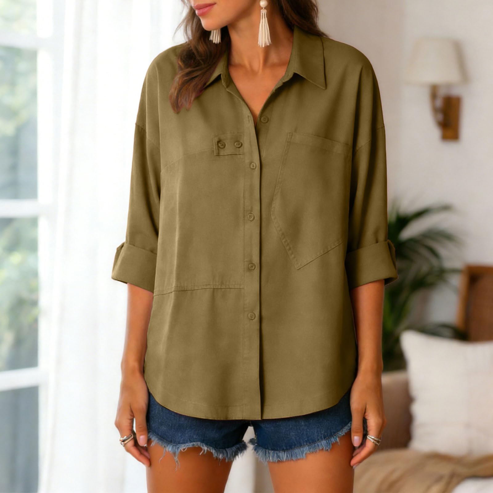 Generico Camicie da Donna Camicia di Lino Camicetta di Lino Camicia da Donna Bluse con Scollo a V E Maniche in Pizzo con Bordo Smerlato Camicetta a Maniche Corte Camicette Non Stirabili
