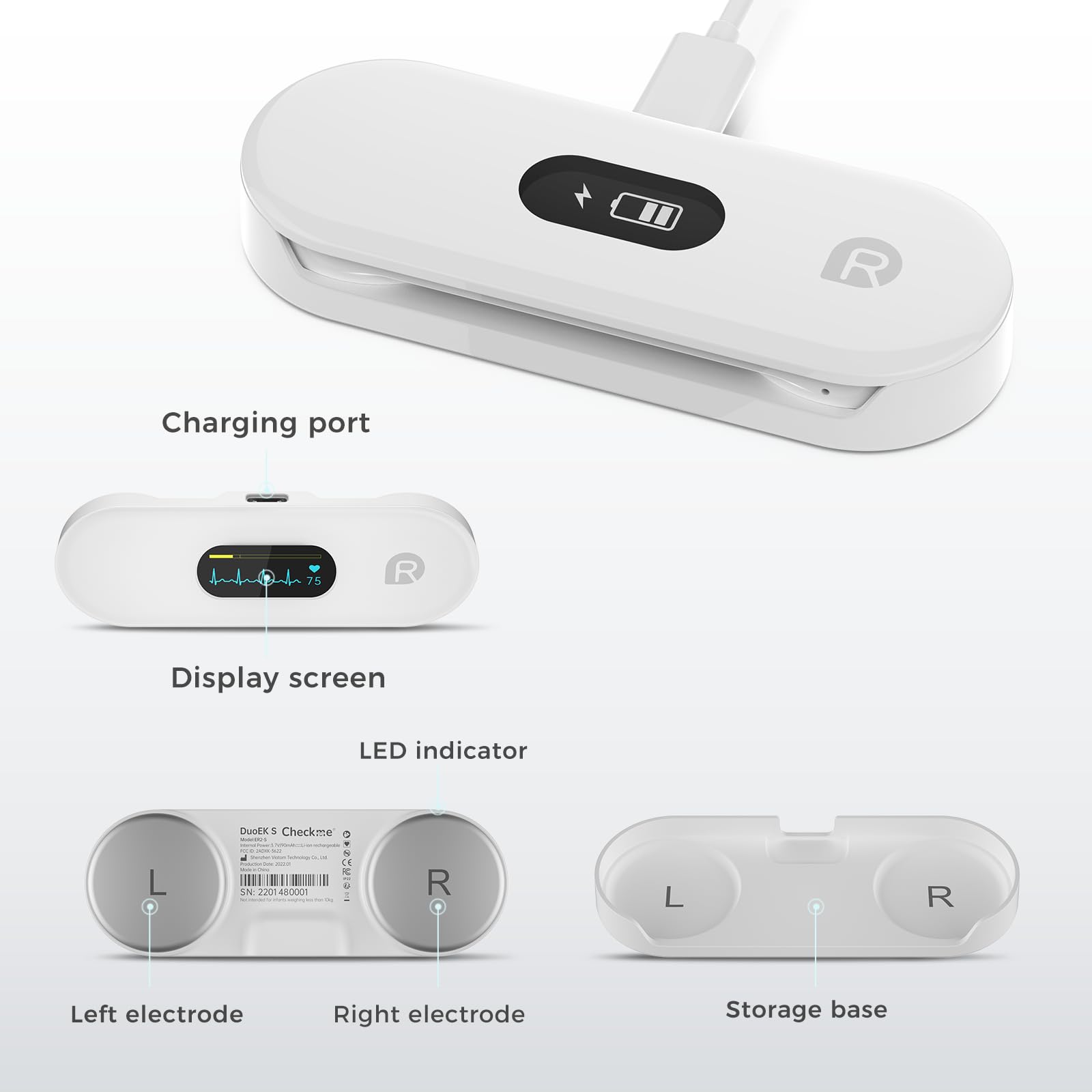 CheckMe ER2-S ECG Portatile, con Fascia Toracica, Holter Cardiaco con Schermo OLED da 0,96 Pollici, 30s - 15mins, APP Forme d'onda in Tempo Reale, Archiviazione dati Illimitata, per iOS e Android