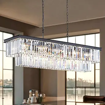 TMAFON L46 Modern Dining Room Crystal Chandeliers - 14-Lights Luxury Chandelier Light Fixtures, Black Ceiling Hanging Light for Kitchen Island, Bar