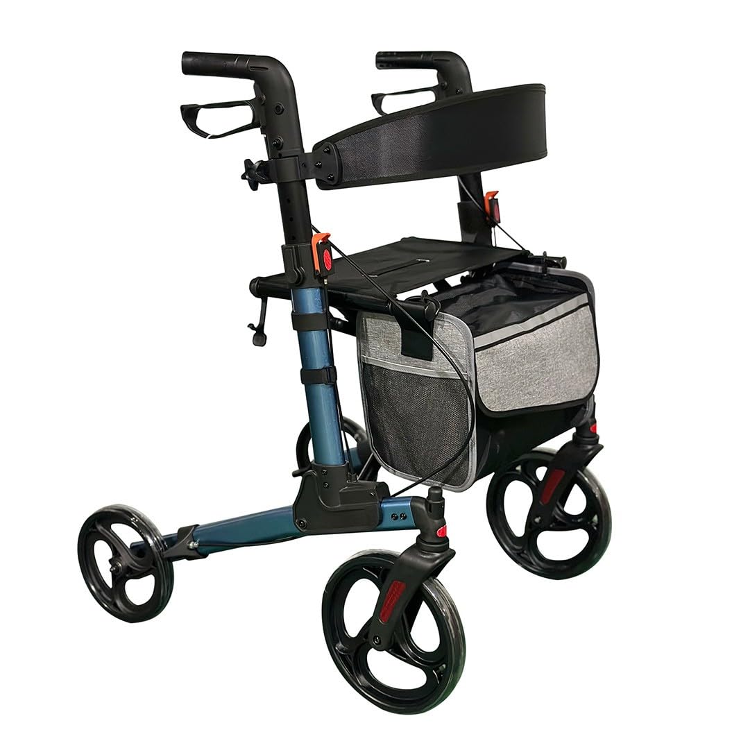andador para exteriores,4 Ruedas Caminadores para Mayores,Caminador Andador Aluminio con Ruedas,Plegable,altura ajustable,Para uso exterior e interior blue