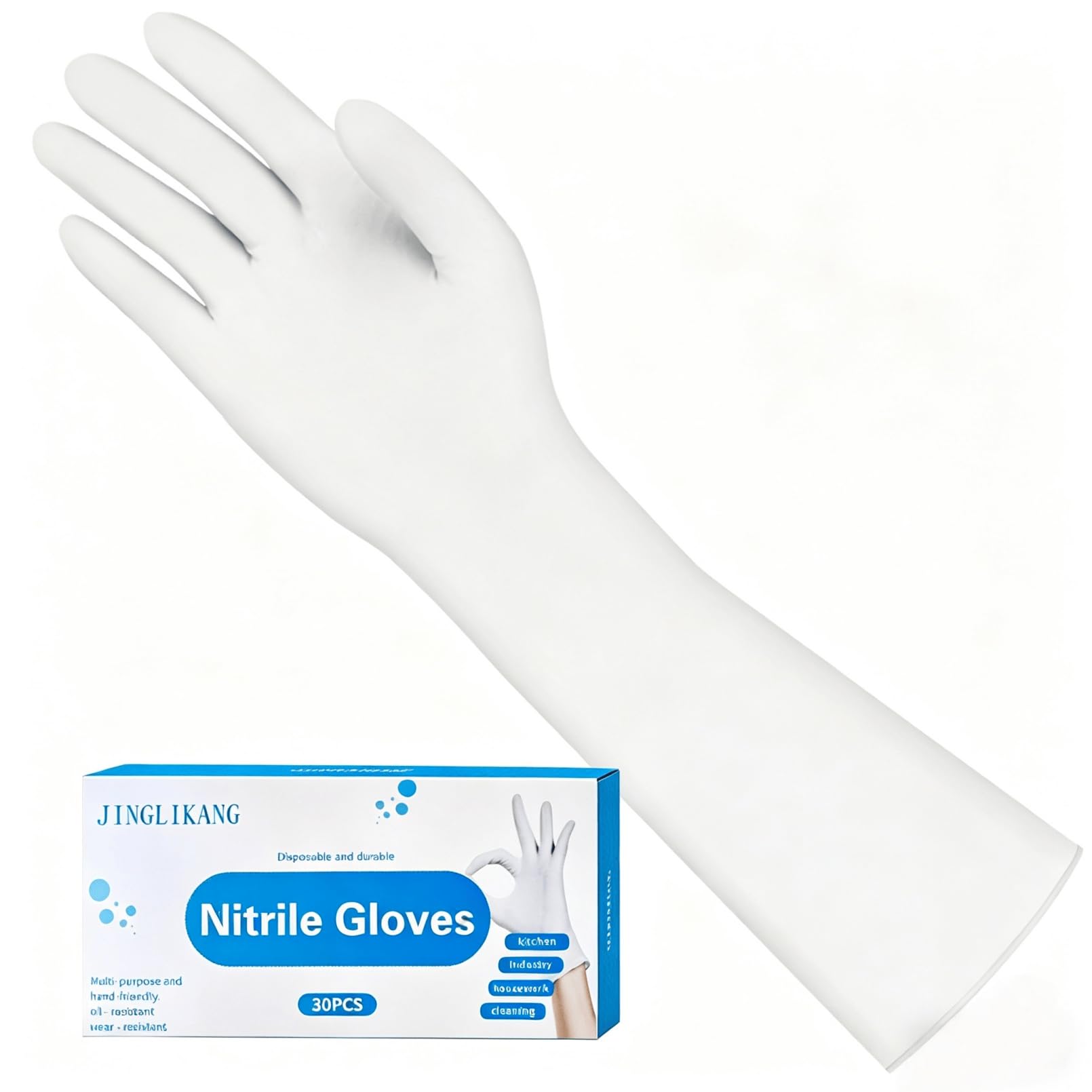 Rękawiczki jednorazowe z nitrylu, wodoodporne, bezlateksowe, 38 cm, białe, 30 szt., rozmiar L (białe, L)