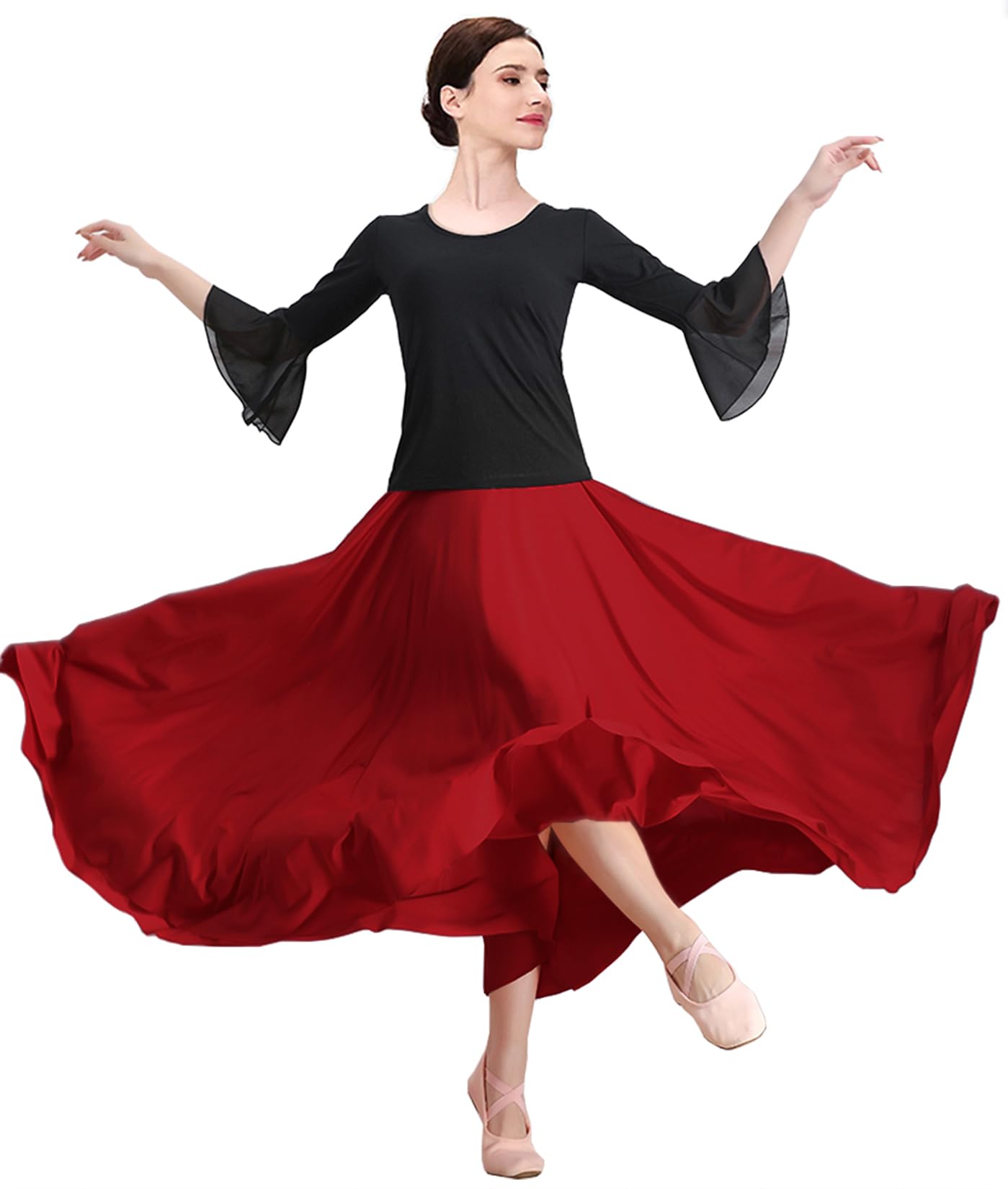 Zyactu Women's 05-Wine Red Ballroom Dance Skirt Swing High Waist Long Skirt Modern Waltz Flamenco Dance Costumes, One Size