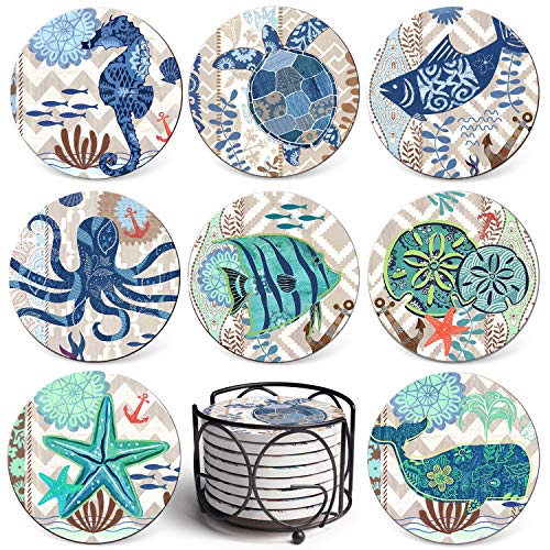 Coaster for Drinks by Teivio, Absorbing Stone Sea Ocean Life Paint- Cork Base, with Holder, Coastal Decor Beach Themed Tropical , for Housewarming Bar Decor, Set of 8