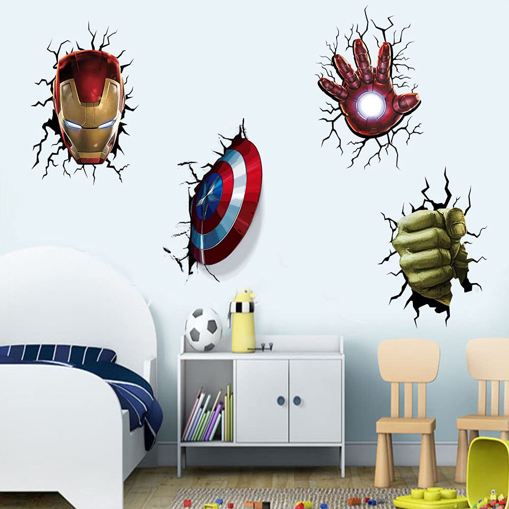 T-YU Nouveaux autocollants muraux de super-héros en 3D Hulk Captain America pour garçons, autocollants muraux à décorer pour chambre, salon, décoration de la maison (39,9 x 60,2) cm