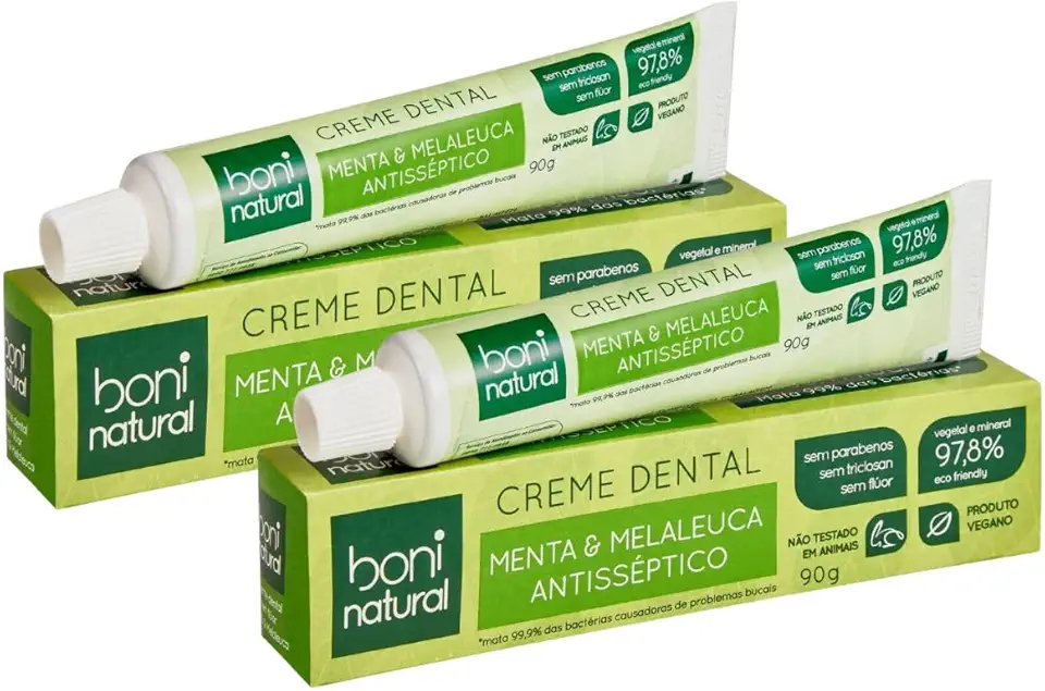 Kit 2 Creme Dental com óleos naturais de Menta e Melaleuca Vegano e Natural, Sem Flúor, Sem Triclosan, Boni Natural, Branco