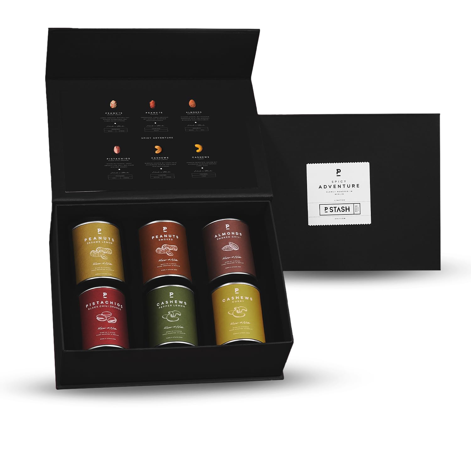 P-Stash Black Box Lot de 6 boîtes de mélange de noix Spicy Adventure – Noix de cajou, amandes, pistaches et cacahuètes – Mixed Nuts avec combinaisons d'épices uniques, grillées à la main à Berlin
