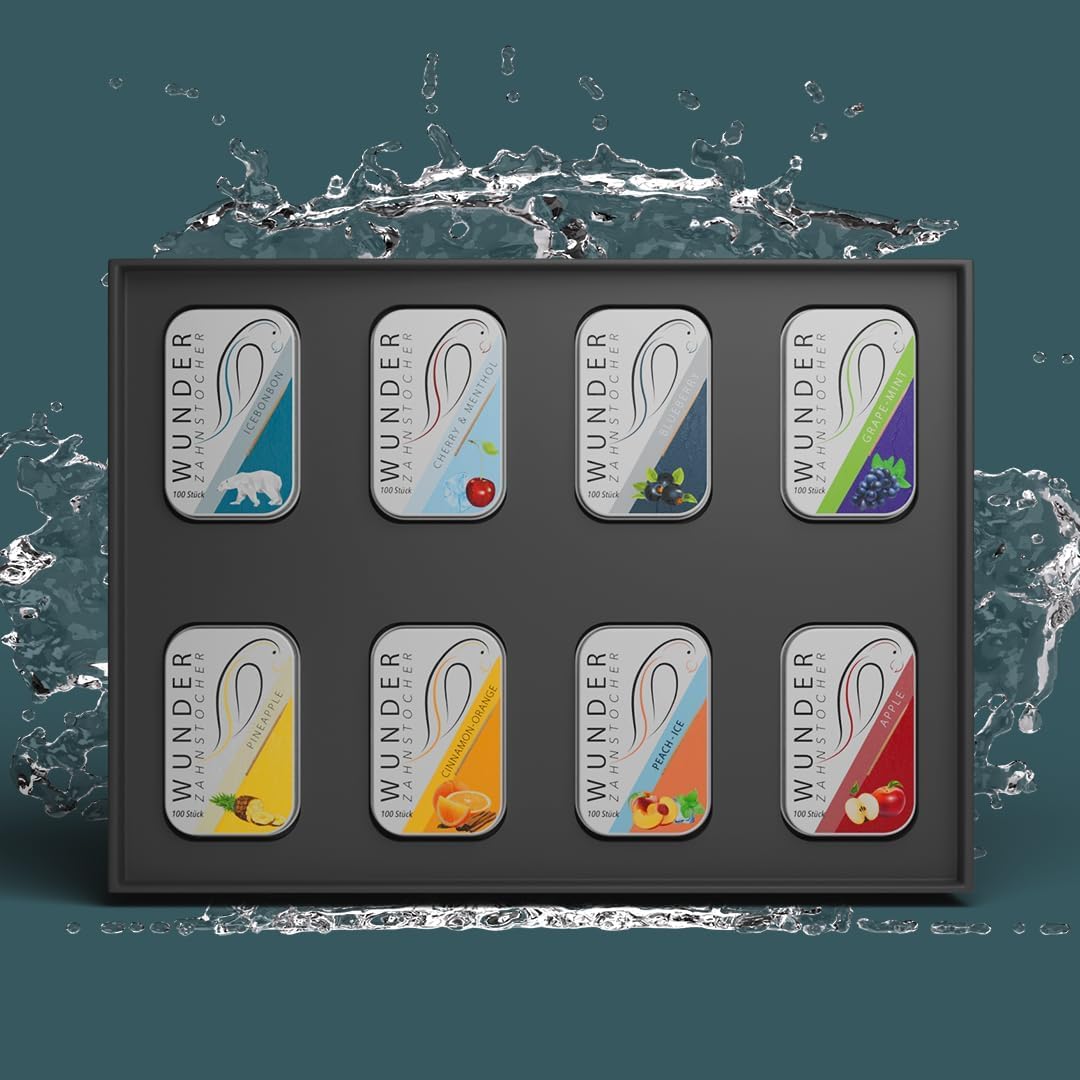 All in One Box – 8 Sorten in Metalldosen | Zahnstocher mit Geschmack Set - Probierbox & Geschenkidee