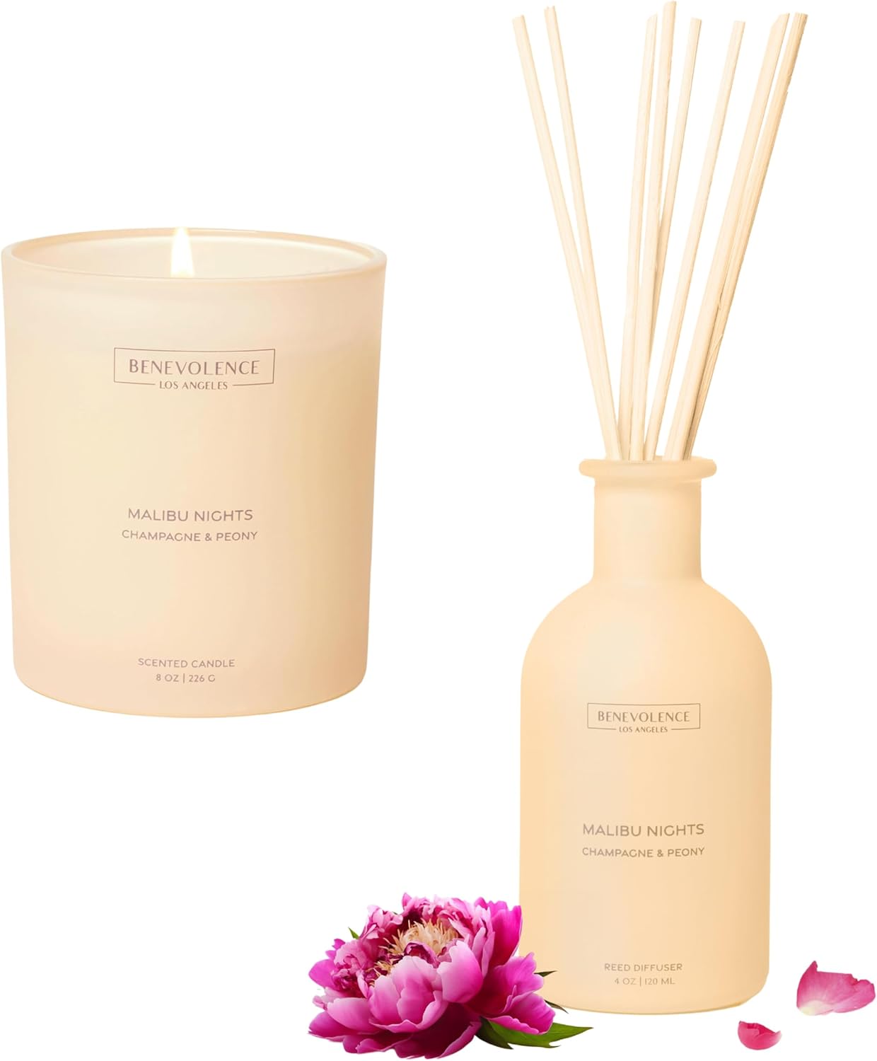 Benevolence LA Malibu Nights Reed Diffuser and 8oz Scented Candle Set | Champagne & Peony | Luxurious Home Fragrance Diffuser and Candle | Malibu Sands Collection