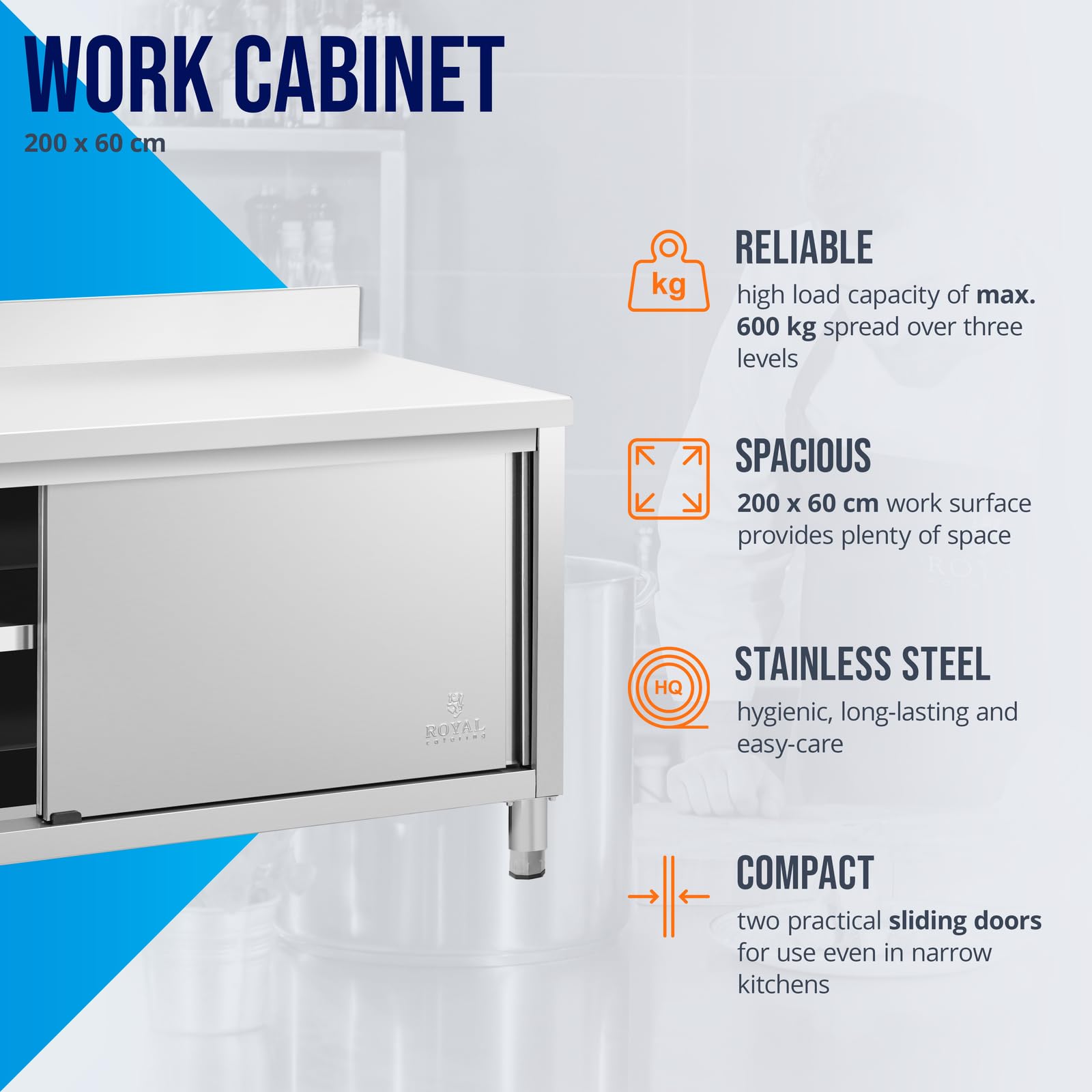 Royal Catering Arbeitstisch Edelstahltisch mit Unterschrank 200 x 60 cm mit Aufkantung bis 500 kg höhenverstellbare Füße Edelstahl-Tisch Arbeitsschrank Edelstahl Gastro-Edelstahlschrank